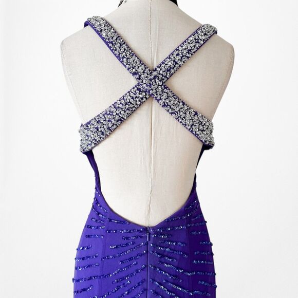 Vintage Y2K Purple Blue V-Neck Beaded Bodycon Maxi Prom Dress Size S - Picture 9 of 11
